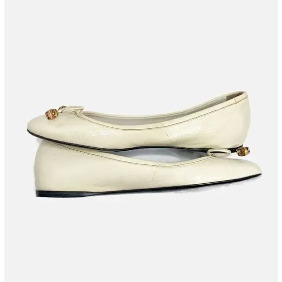 Authentic GUCCI Cream Ivory Patent Leather Bamboo Tassel Bow Ballet Flats 35.5 G - Picture 7 of 12